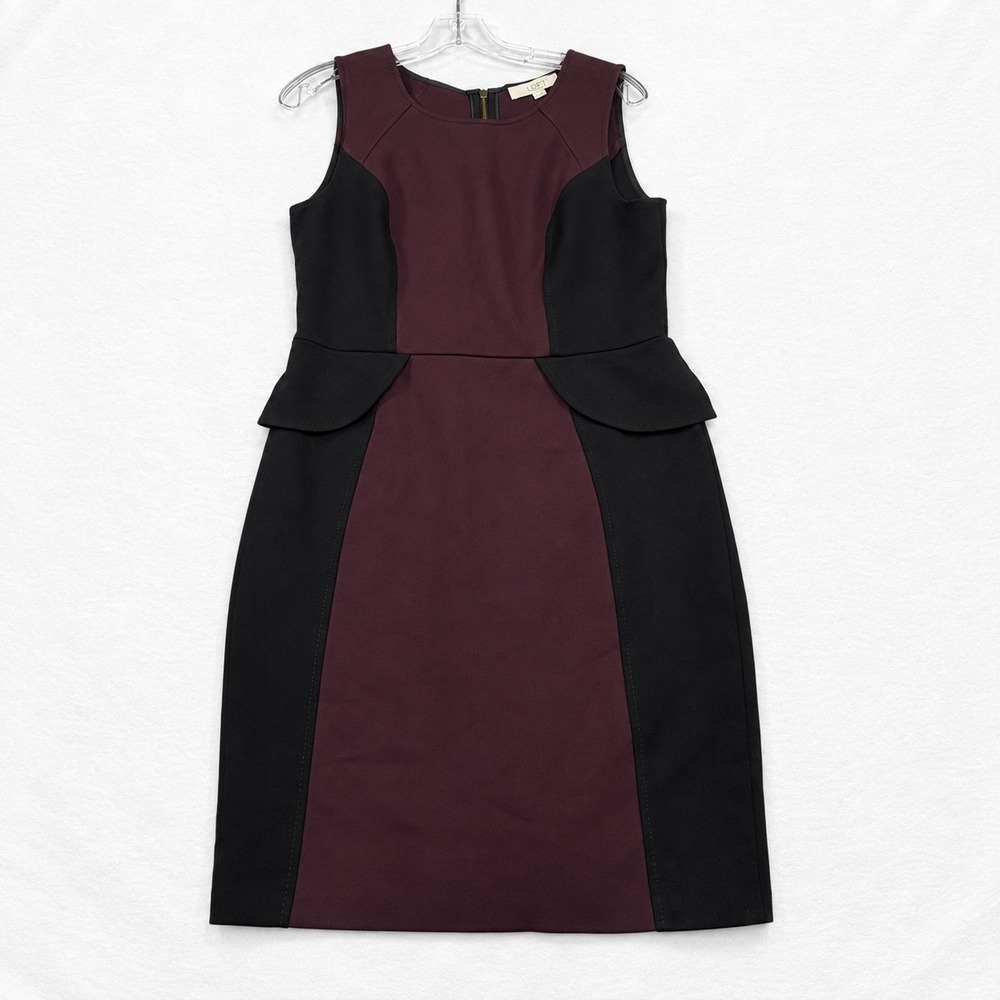 Ann Taylor LOFT Burgundy Black Colorblock Peplum Sheath Dress Size 10 Sleeveless